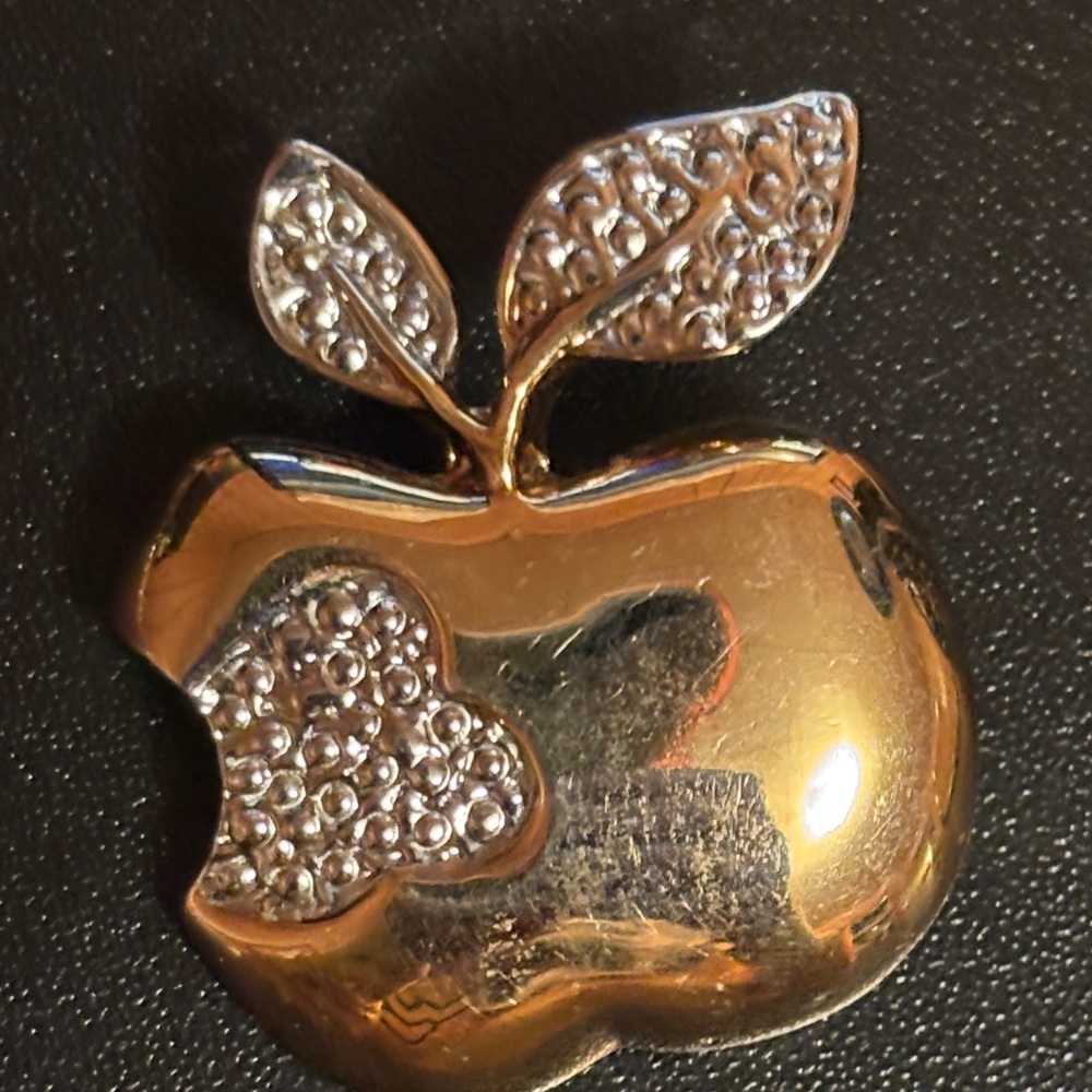 Vintage  gold tone apple brooch w/ bite taken out silver tone bumpy texture